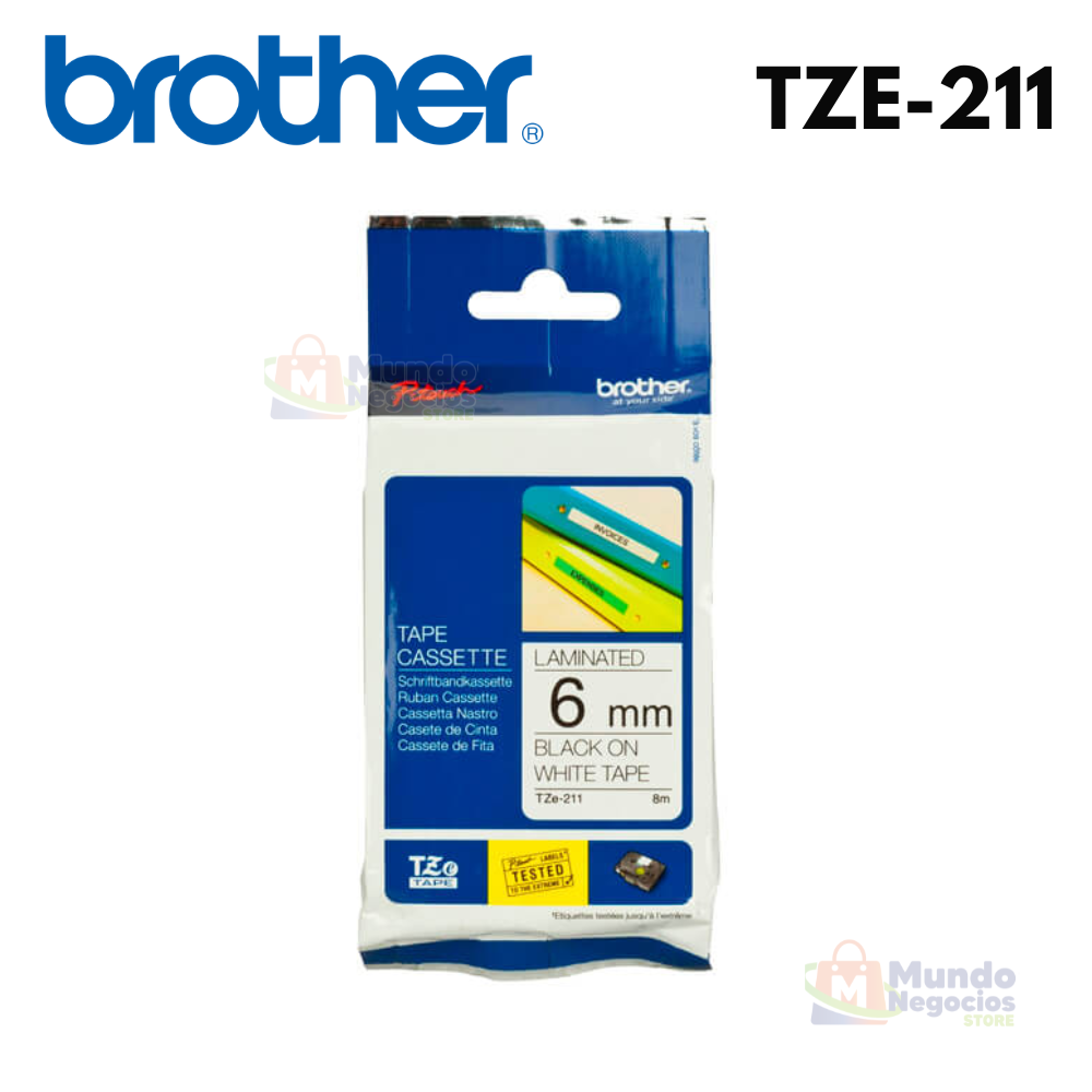 CINTA BROTHER TZE-211 Negro Sobre Blanco 6mm X 8m | Corporación Mundo Negocios-