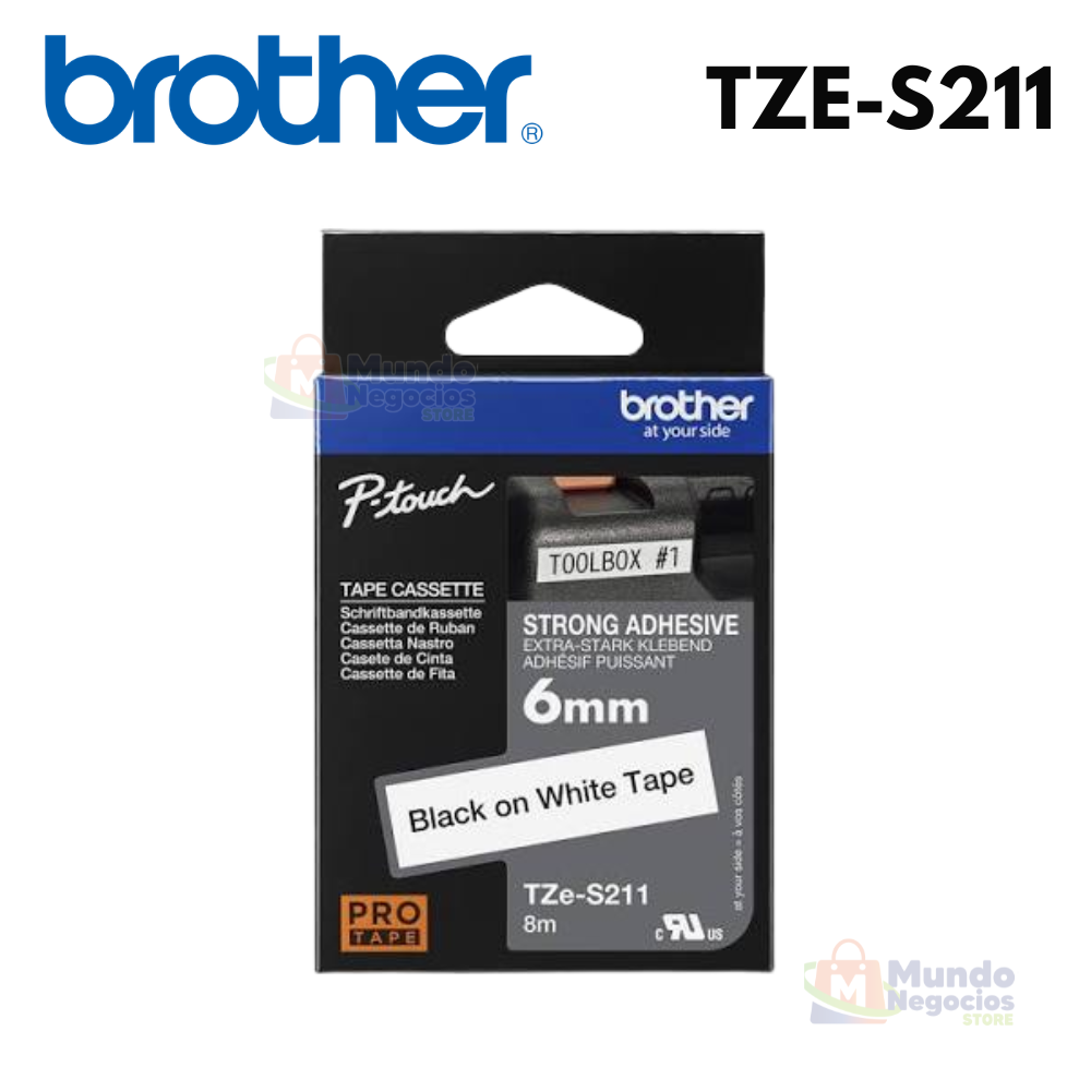 Cinta BROTHER TZE-S211 Negro Con Fondo Blanco 6mm X 8mm | Corporación Mundo Negocios