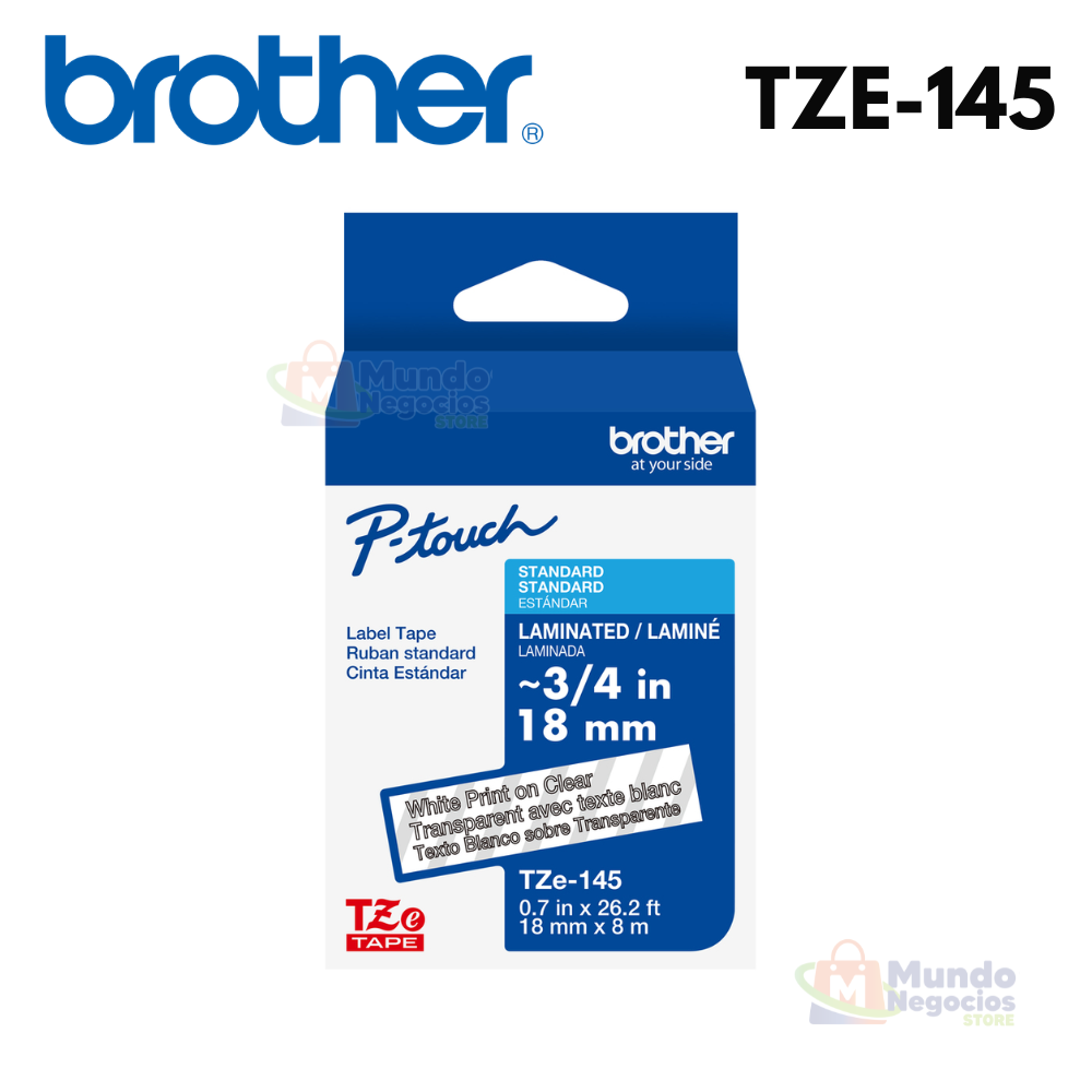 Cinta BROTHER TZE-145 Blanco Con Transparente 18mm X 8m  | Corporacion Mundo Negocios