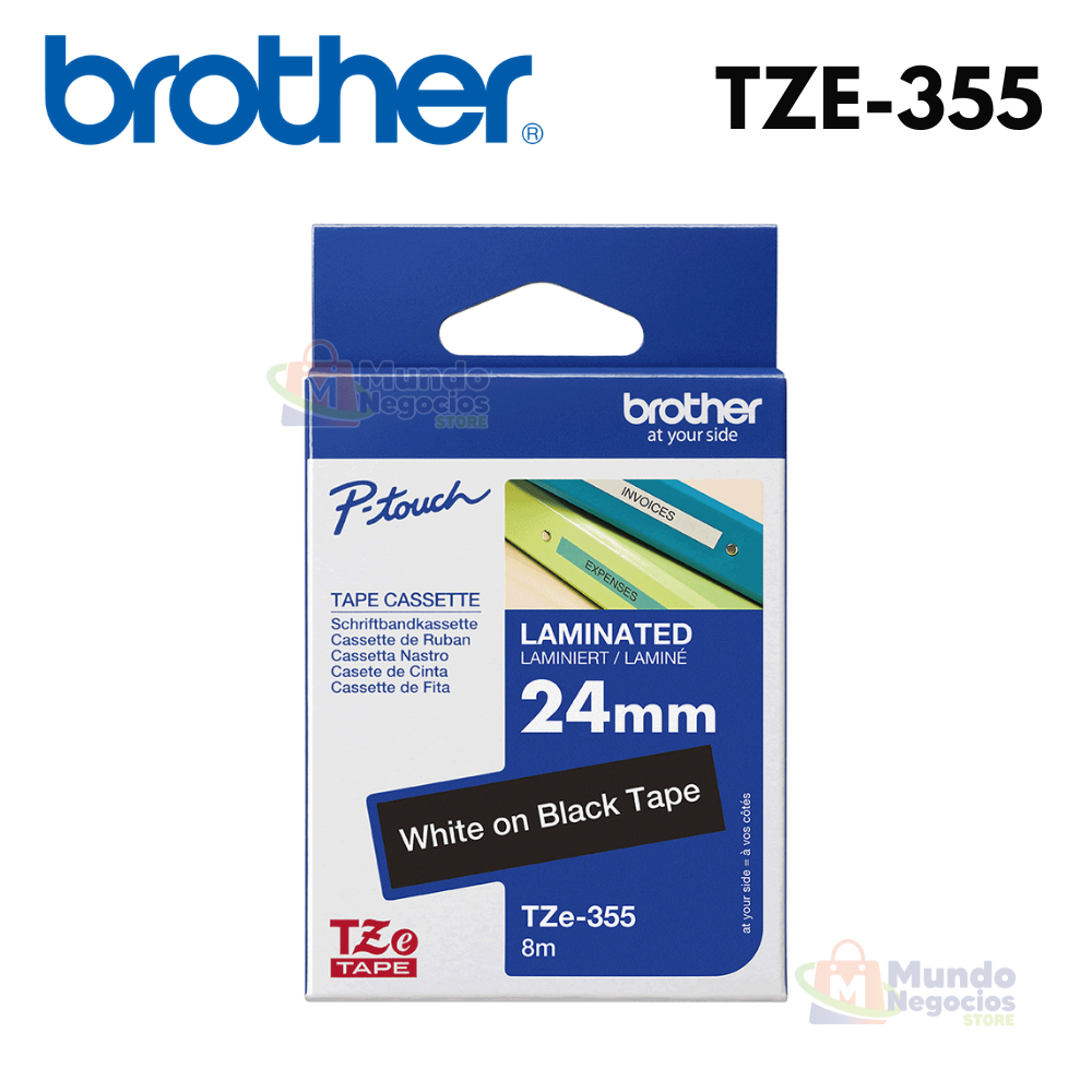 Cinta BROTHER TZE-355 blanco sobre negro 24mm X 8m | Corporación Mundo Negocios