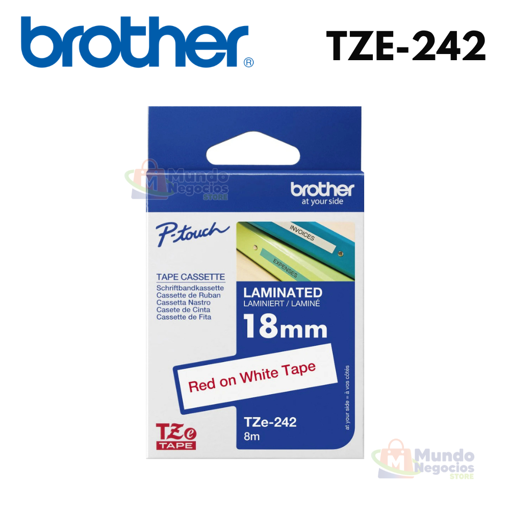 Cinta BROTHER TZE-242 rojo sobre blanco 18mm X 8m | Corporación Mundo Negocios