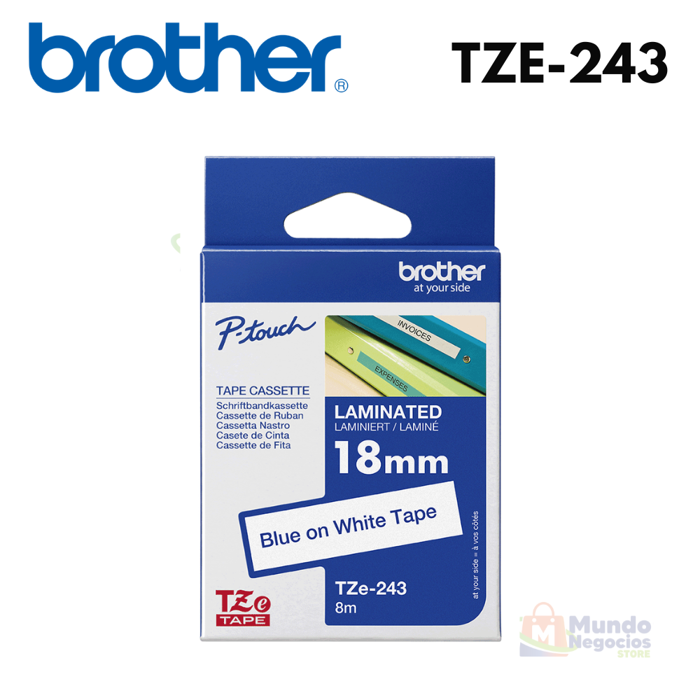 Cinta BROTHER TZE-243 azul sobre blanco 18mm x 8m | Corporación Mundo Negocios