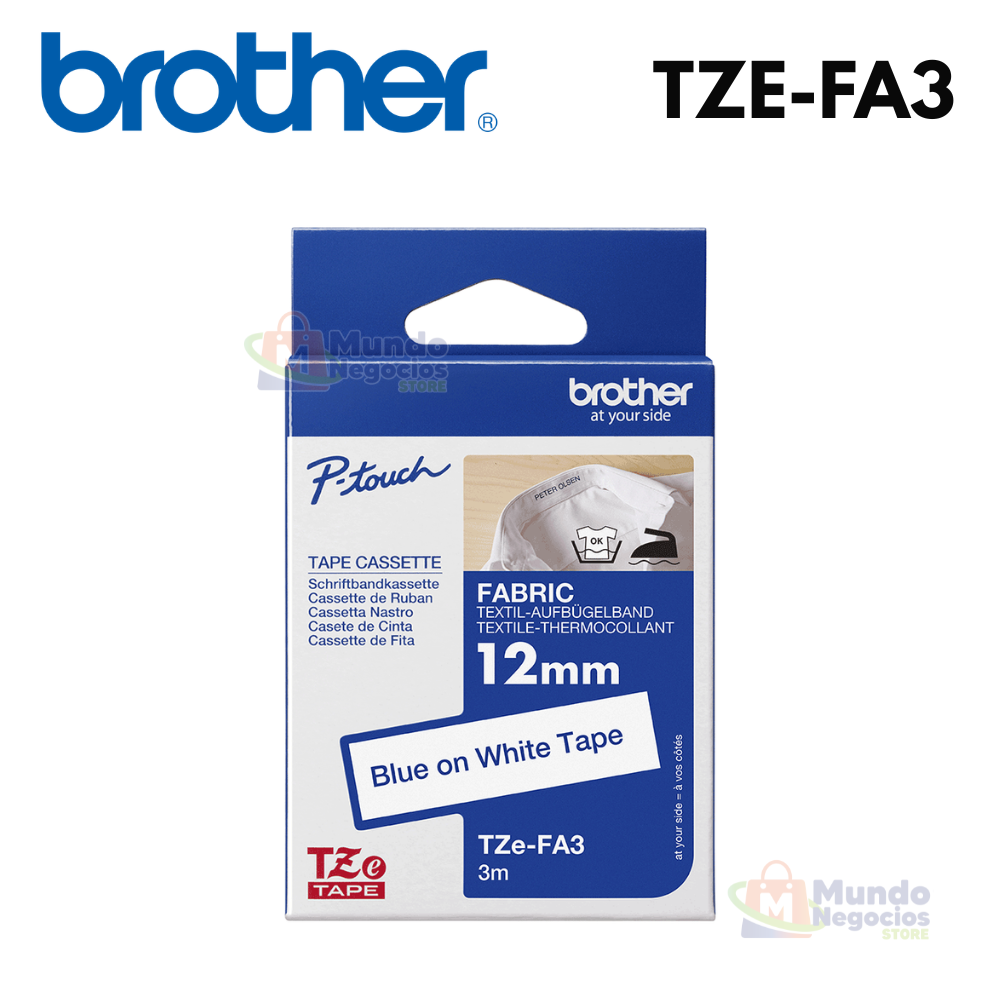 Cinta BROTHER TZE-FA3 Textil Termoadherente azul sobre blanco 12mm X 3m | Corporación Mundo Negocios