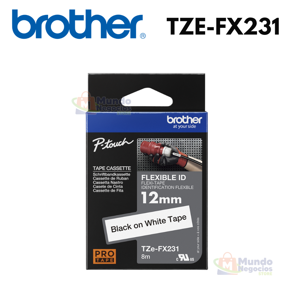 Cinta BROTHER TZE-Fx231 negro sobre blanco 12mm X 8m | Corporación Mundo Negocios