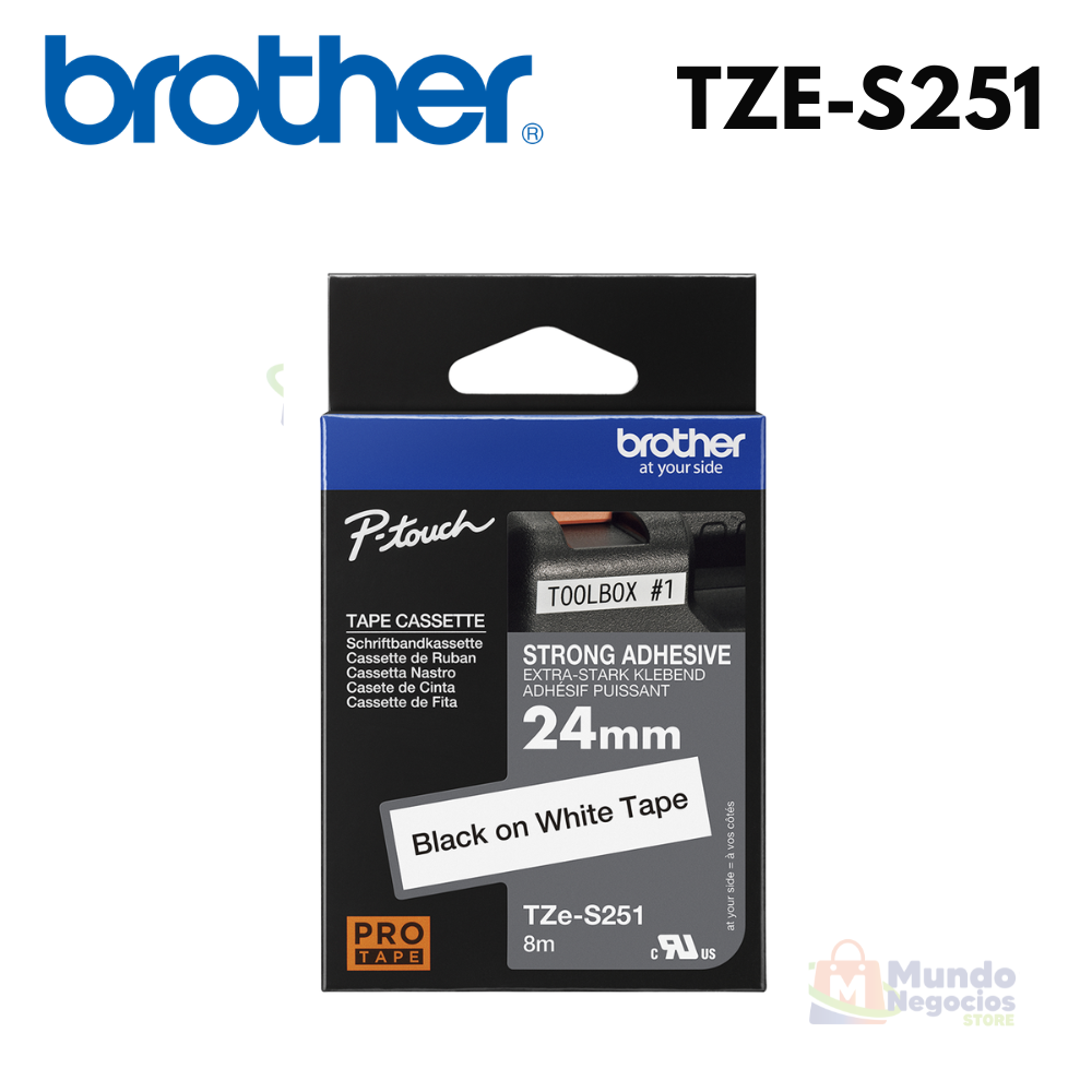 Cinta BROTHER TZE-S241 negro sobre blanco 24mm X 8m| Corporación Mundo Negocios
