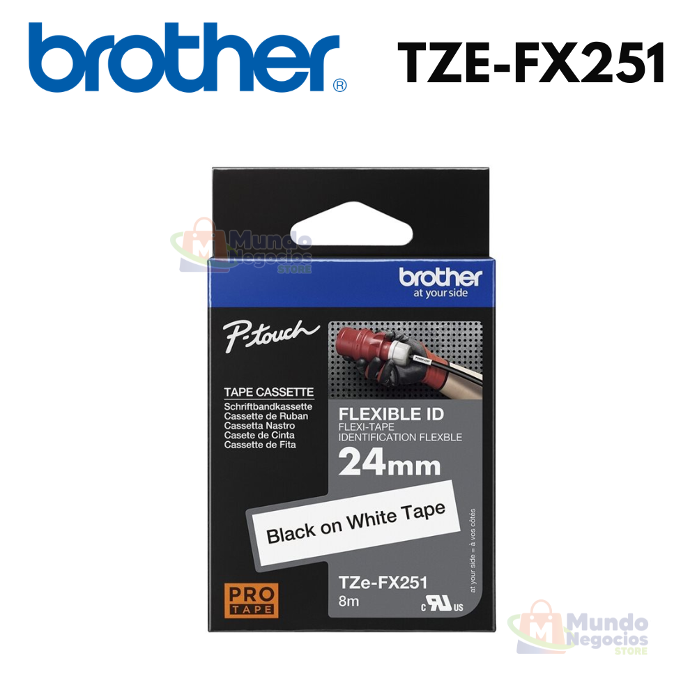Cinta BROTHER TZE-FX251 laminada flexible  negro sobre blanco 24mm X 8m | Corporación Mundo Negocios