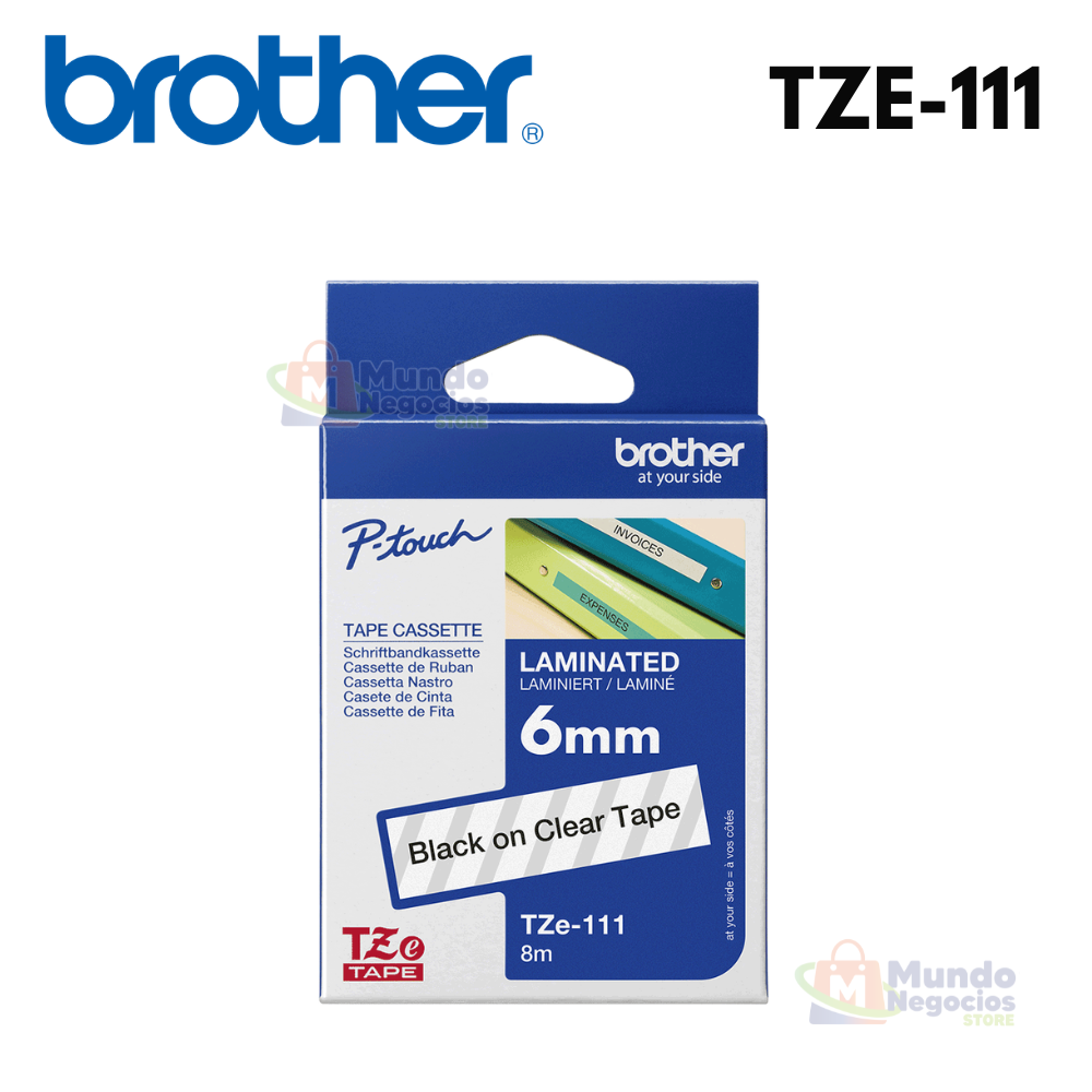 Cinta BROTHER TZE-111 negro sobre transparente 6mm X 8m | Corporación Mundo Negocios